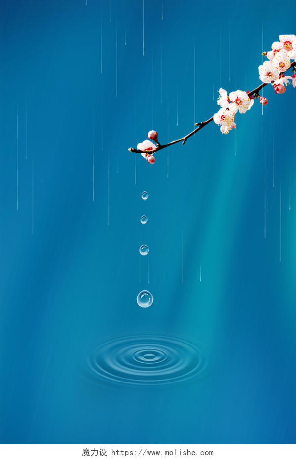 蓝色简约雨滴梅花丝绸质感雨水海报背景